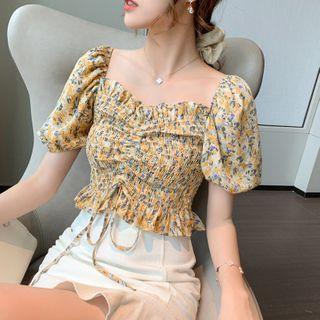 Floral Puff-sleeve Drawstring Cropped Blouse