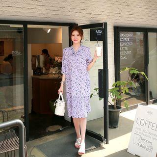 Accordion-pleat Floral Shift Dress