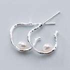 925 Sterling Silver Faux Pearl Irregular Open Hoop Earring 1 Pair - S925 Sterling Silver - One Size