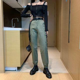 Cold-shoulder Buckled Top / Buckled Belt / Harem Pants / Set