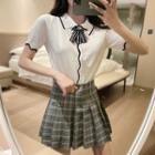 Short-sleeve Knit Top / Plaid Pleated Mini A-line Skirt / Set