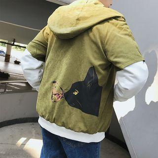 Mock Two-piece Cat Print Zip Hoodie