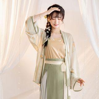 Set: Floral Hanfu Jacket + Camisole Top + Pleated Panel Maxi Skirt