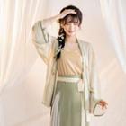 Set: Floral Hanfu Jacket + Camisole Top + Pleated Panel Maxi Skirt