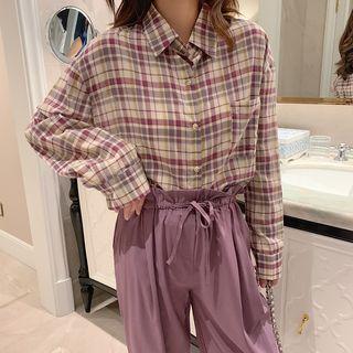 Plaid Shirt / Drawstring Ruffled Harem Pants