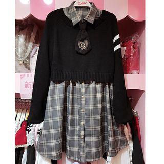 Plaid Long-sleeve Shirtdress / Long-sleeve Knit Top
