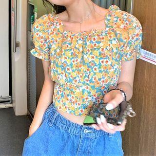 Puff-sleeve Floral Top Top - As Figure - One Size