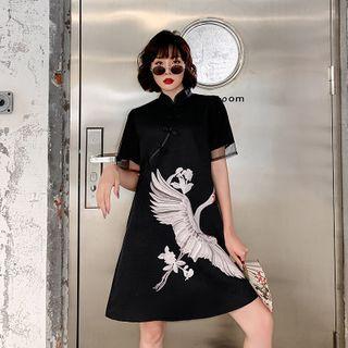 Mesh Panel Short-sleeve Crane Embroidered Mini A-line Qipao