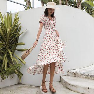 Short-sleeve Floral Print V-neck Slit Dress