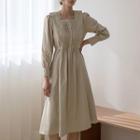 Square-neck Pintuck Midi Dress Beige - One Size