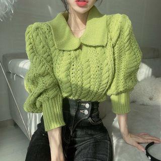 Puff-sleeve Polo-neck Pointelle Knit Sweater