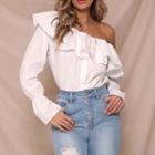 Long-sleeve Off-shoulder Striped Ruffled Blouse