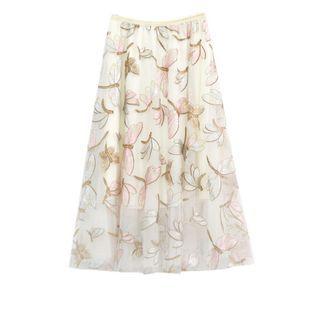 Dragonfly Embroidered Mesh Midi A-line Skirt