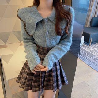 Set: Collared Cardigan + Plaid Mini Pleated Skirt