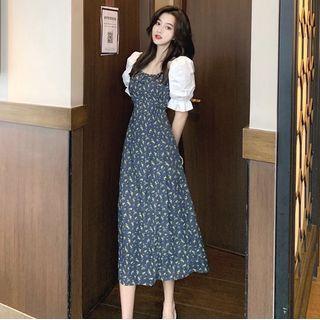 Puff Sleeve Scoop Neck Floral Print Midi A-line Dress