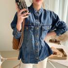 Stand-collared Denim Shirt Dark Blue - One Size