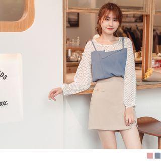 Long Sleeve Dotted Mock Two Piece Chiffon Top