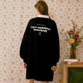 Puff-sleeve Letter-printed Polo Dress Black - One Size