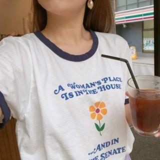 Flower Print Lettering Short-sleeve Ringer T-shirt White - One Size