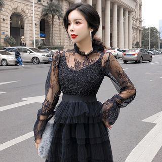 Set: Long-sleeve Lace Top + Spaghetti Strap Maxi Layered Mesh Dress