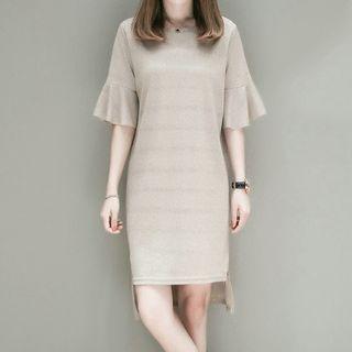 Elbow Sleeve Striped High-low Dress