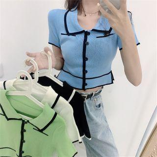 Short-sleeve Button-up Contrast Trim Knit Top