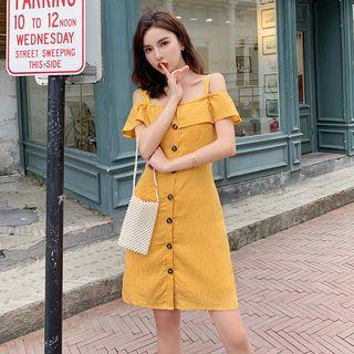 Short-sleeve Cold Shoulder Striped Buttoned A-line Mini Dress