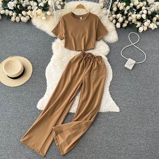 Set Of 2 : Short-sleeve Round-neck Cropped Top + Medium Waist Drawstring Wide-leg Pants