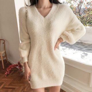 V-neck Long-sleeve Mini Knit Dress White - One Size