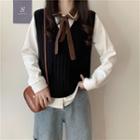 Long-sleeve Tie-neck Shirt / Sweater Vest