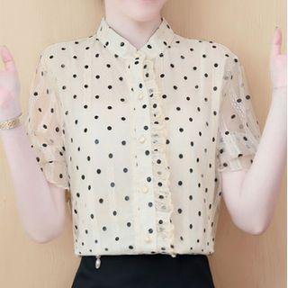 Frilled Trim Dotted Stand Collar Mesh Top