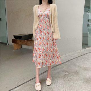 Set: Loose-fit Cardigan + Floral Dress