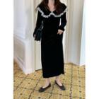 Long-sleeve Mesh Ruffled A-line Velvet Dress Black - One Size