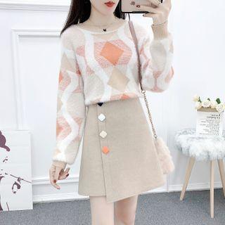 Long-sleeve Geometry Printed Knit Sweater+high-waist Single-breasted Skirt