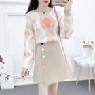 Long-sleeve Geometry Printed Knit Sweater+high-waist Single-breasted Skirt