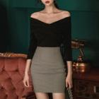 Set: Off-shoulder 3/4-sleeve Top + High Waist Pencil Skirt