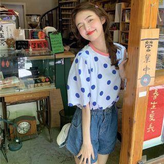 Elbow-sleeve Dotted T-shirt White - One Size