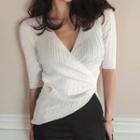 Elbow-sleeve Wrapped Knit Top