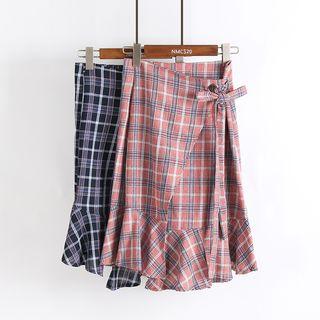Plaid Wrap Front Midi Skirt