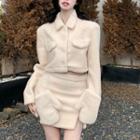 Fleece Cropped Jacket / Mini Pencil Skirt / Mittens