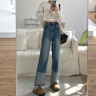 High-waist Color Block Panel Shift Wide-leg Jeans