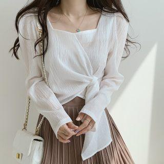 Long-sleeve Square Neck Plain Knotted Asymmetric Top