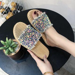 Fray Hem Sequined Flat Slide Sandals