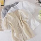 V-neck Mesh Puff-sleeve Plaid Top