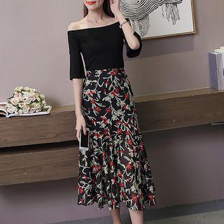 Set: Short-sleeve Off Shoulder Top + Floral Midi Skirt