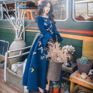 Butterfly Long-sleeve Maxi A-line Dress