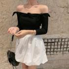 Long-sleeve Off-shoulder Tie Neck Top