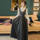 Mock Two-piece Long-sleeve Plaid Mock-neck Midi A-line Dress