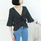 Petite Size - Drawstring-front Ruffled Dotted Top