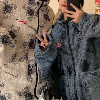 Couple Matching Bear Print Fleece Zip-up Jacket